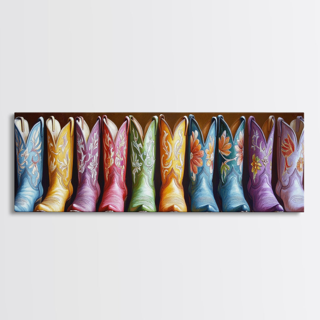 Moody Embroidered Cowboy Boots Wall Art, Western Wall Decor, Cowgirl Canvas Print, Rustic Farmhouse Decor, Unique Gift For Her