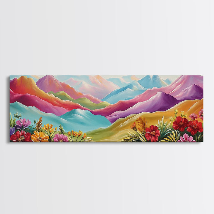 Vibrant Rainbow Mountains With Desert Flowers Wall Art, Abstract Landscape, Colorful Wall Art, Southwestern Decor, Large Canvas Print
