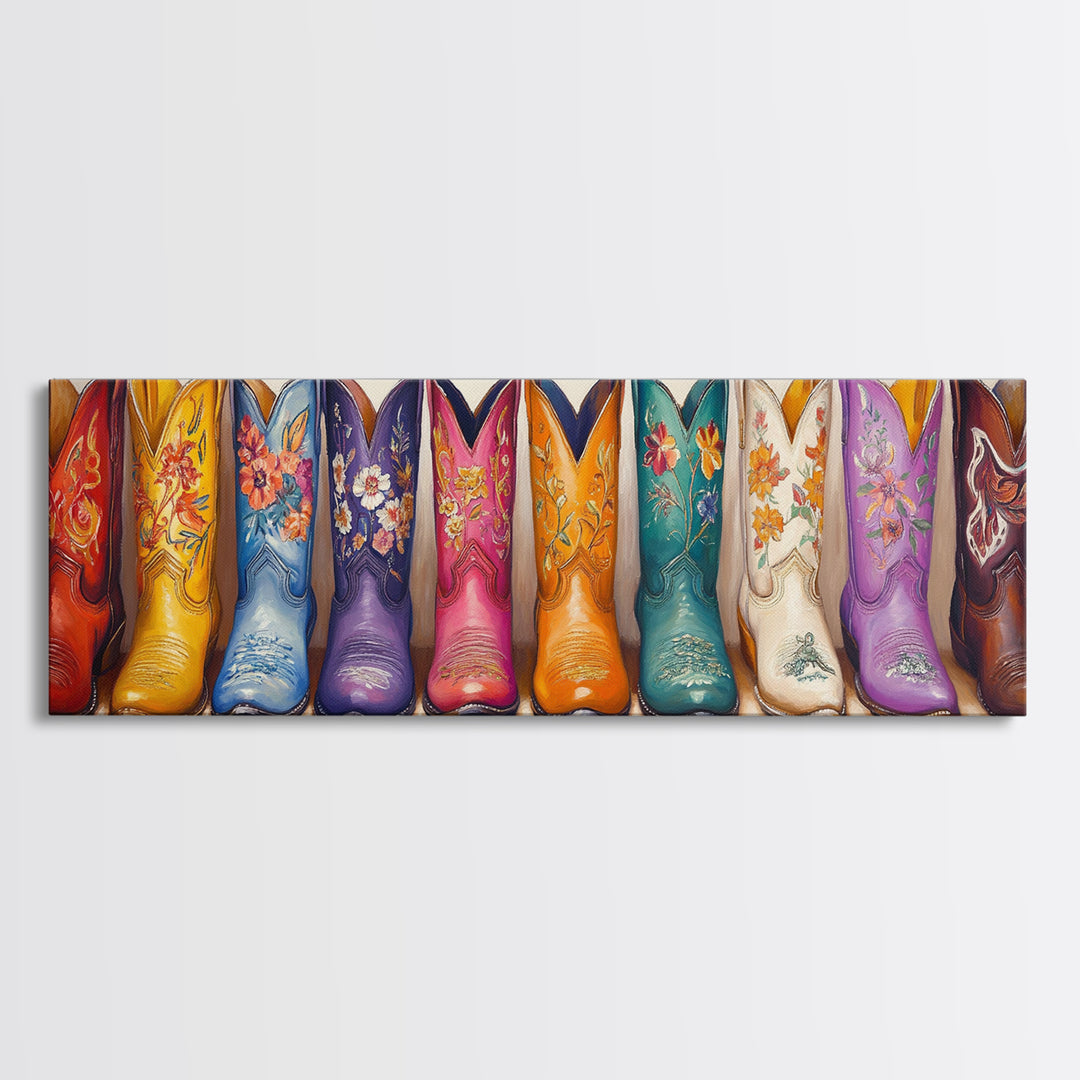 Bright Floral Cowboy Boots Framed Canvas Print, Western Wall Art, Cowgirl Decor, Ranch Housewarming Gift For Her, Living Room Decor