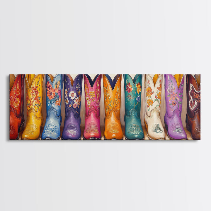 Bright Floral Cowboy Boots Framed Canvas Print, Western Wall Art, Cowgirl Decor, Ranch Housewarming Gift For Her, Living Room Decor