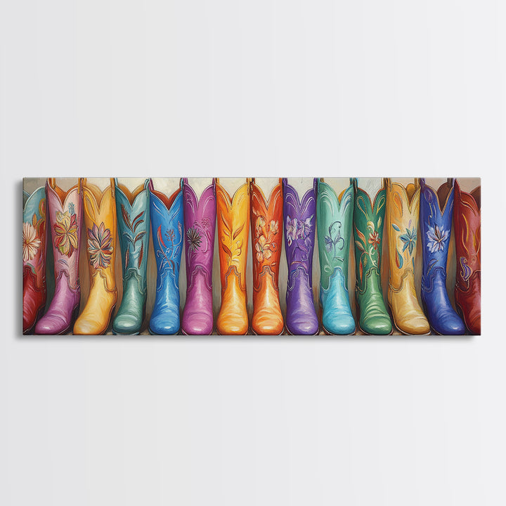 Rainbow Embroidered Cowboy Boots Wall Art, Western Decor, Cowgirl Gift, Rustic Farmhouse Decor, Long Horizontal Art Print