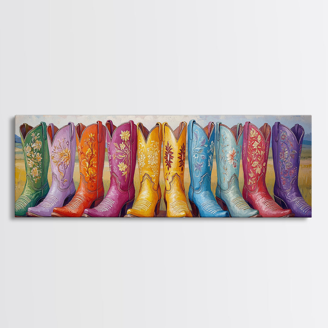 Colorful Cowboy Boots In Prairie Landscape Wall Art, Western Cowgirl Decor, Rustic Farmhouse Canvas Print, Above Sofa Art