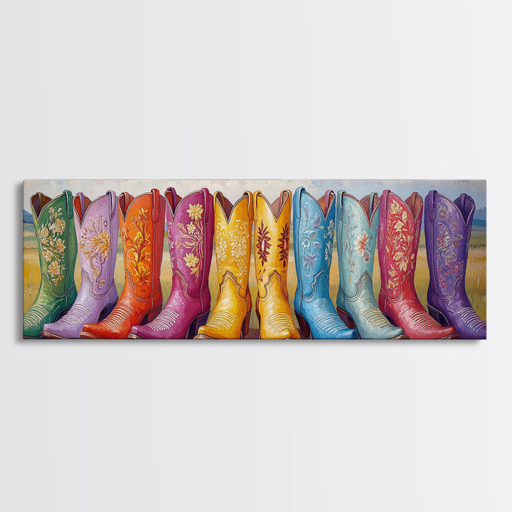 Colorful Cowboy Boots In Prairie Landscape Wall Art, Western Cowgirl Decor, Rustic Farmhouse Canvas Print, Above Sofa Art