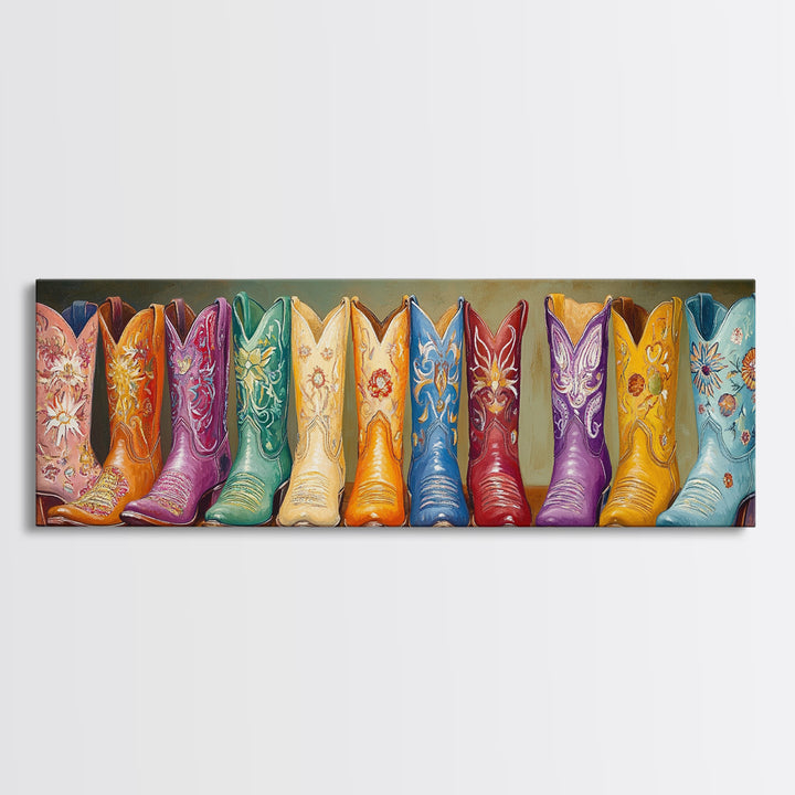 Vibrant Embroidered Cowboy Boots Wall Art, Western Cowgirl Decor, Maximalist Canvas Print, Rustic Rodeo Living Room Decor