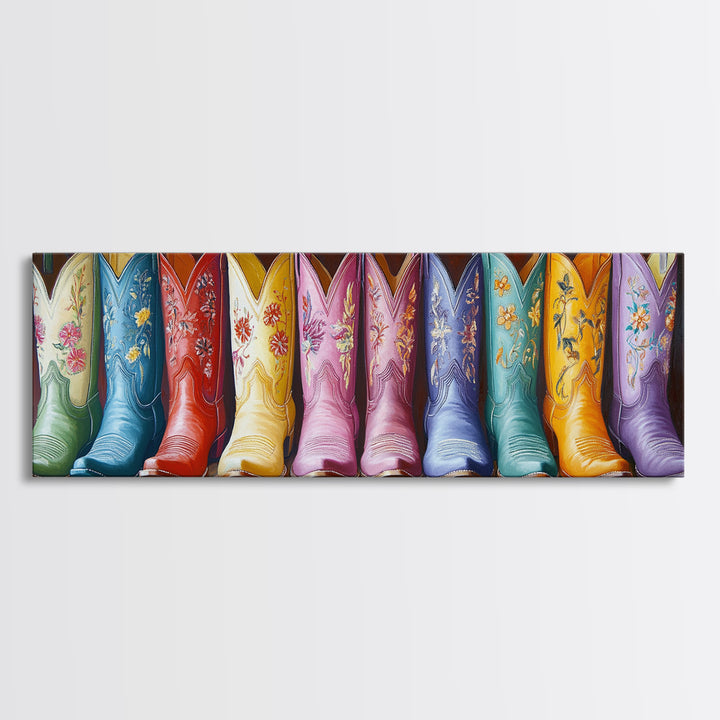 Tall Embroidered Cowboy Boots Framed Canvas Print, Colorful Western Wall Decor, Rustic Ranch Art, Boho Cowgirl Gift, Living Room Art