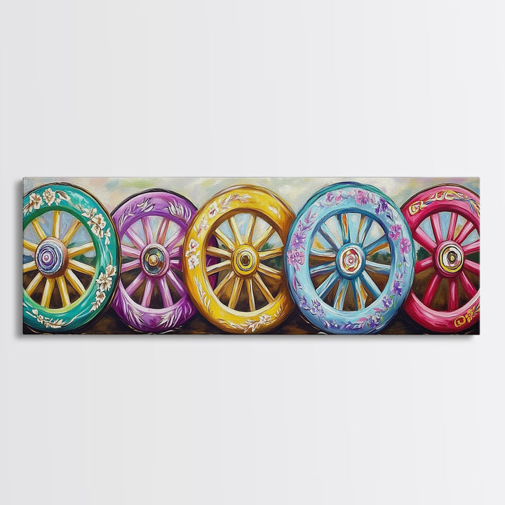 Painted Wagon Wheels Framed Canvas Print, Colorful Western Wall Decor, Rustic Ranch Art, Farmhouse Living Room Gift, Housewarming Gift