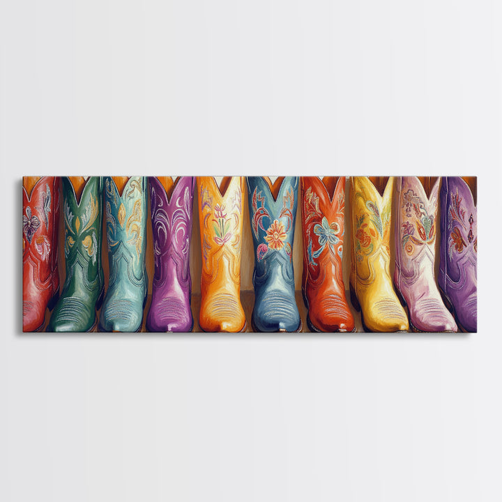 Colorful Embroidered Cowboy Boots Wall Art, Western Cowgirl Decor, Rustic Farmhouse Canvas, Vibrant Entryway Art Print Gift