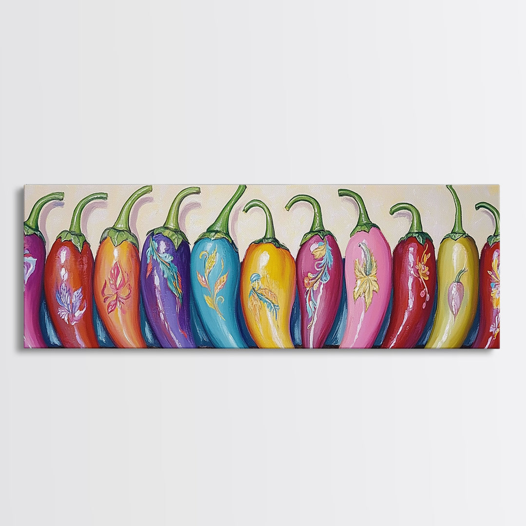 Bright Rainbow Chili Peppers Wall Art, Colorful Kitchen Decor, Southwestern Food Print, Dopamine Dining Room Canvas Gift