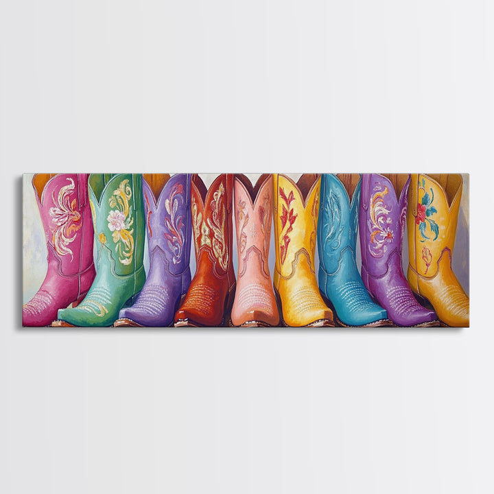 Pastel Floral Cowboy Boots Framed Canvas Print, Western Wall Art, Cowgirl Nursery Decor, Boho Bedroom Wall Decor Gift For Her