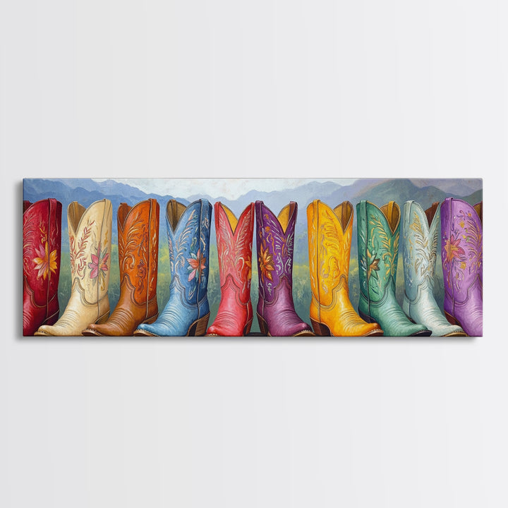 Cowboy Boots With Mountain Landscape Canvas Print, Western Wall Art, Colorful Cowgirl Decor, Rustic Cabin Housewarming Gift
