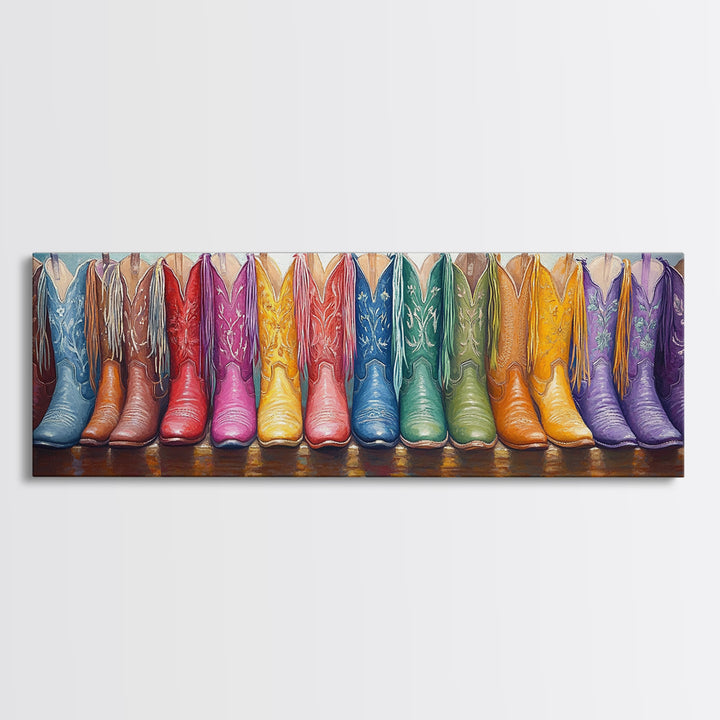 Panoramic Rainbow Cowboy Boots Wall Art, Long Horizontal Canvas Print For Western Decor, Cowgirl Ranch Home Accent Gift Idea