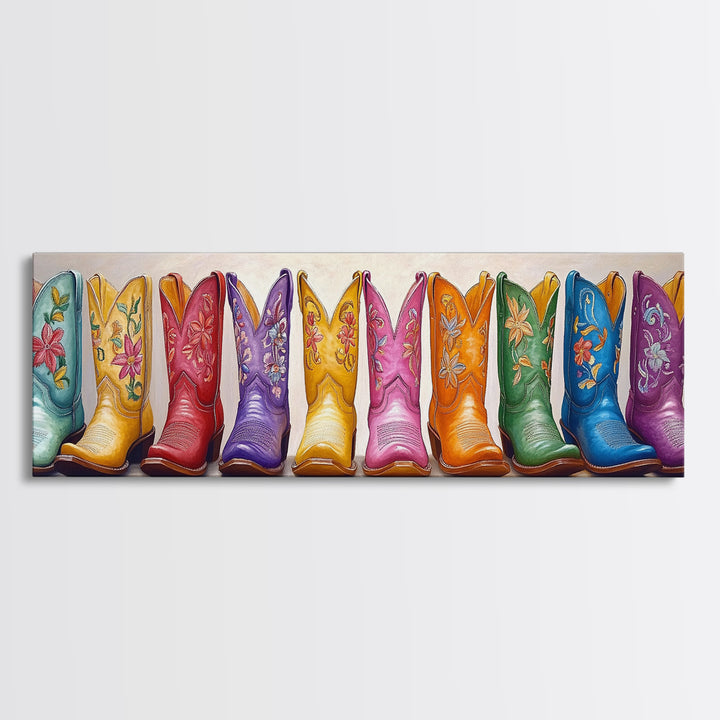 Pastel Embroidered Cowboy Boots Wall Art, Western Framed Canvas Print For Cowgirl Nursery Decor And Rustic Home Wall Decor