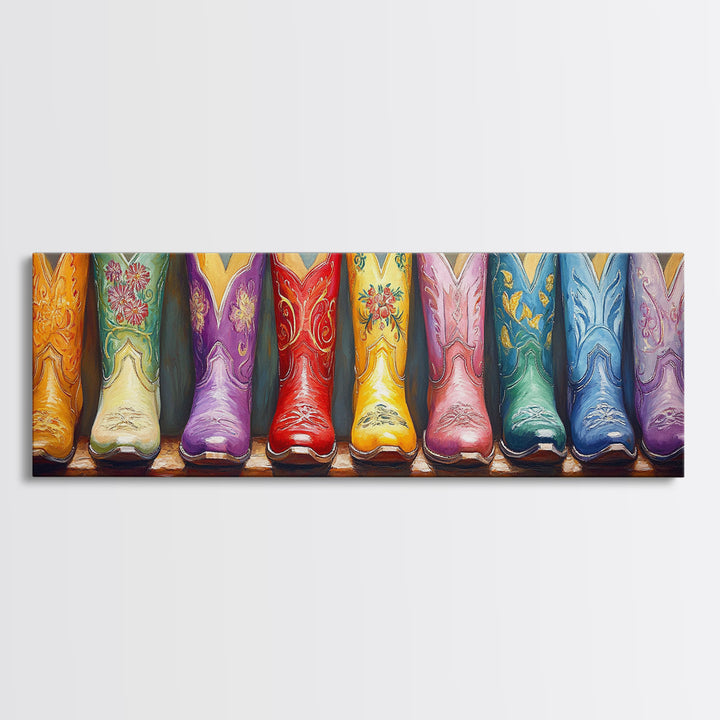 Glossy Embroidered Cowgirl Boots Canvas Print, Colorful Western Wall Art, Rodeo Room Decor, Boho Ranch Housewarming Gift Idea