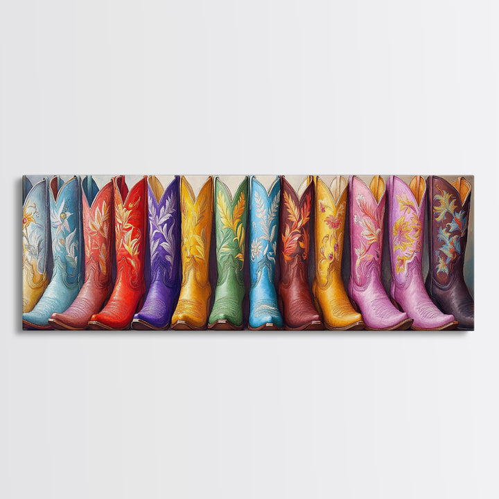 Tall Rainbow Cowboy Boots Wall Art, Western Decor, Colorful Cowgirl Canvas Print, Rustic Farmhouse Living Room Art Gift Idea