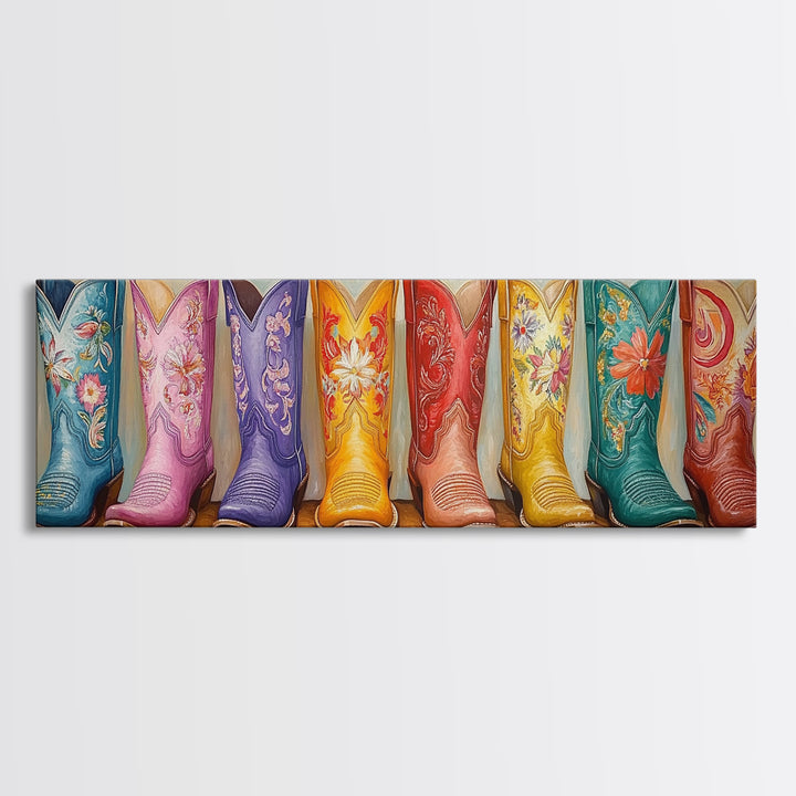 Pastel Embroidered Cowboy Boots Framed Canvas Print, Western Cowgirl Wall Decor, Floral Ranch Art, Boho Housewarming Gift