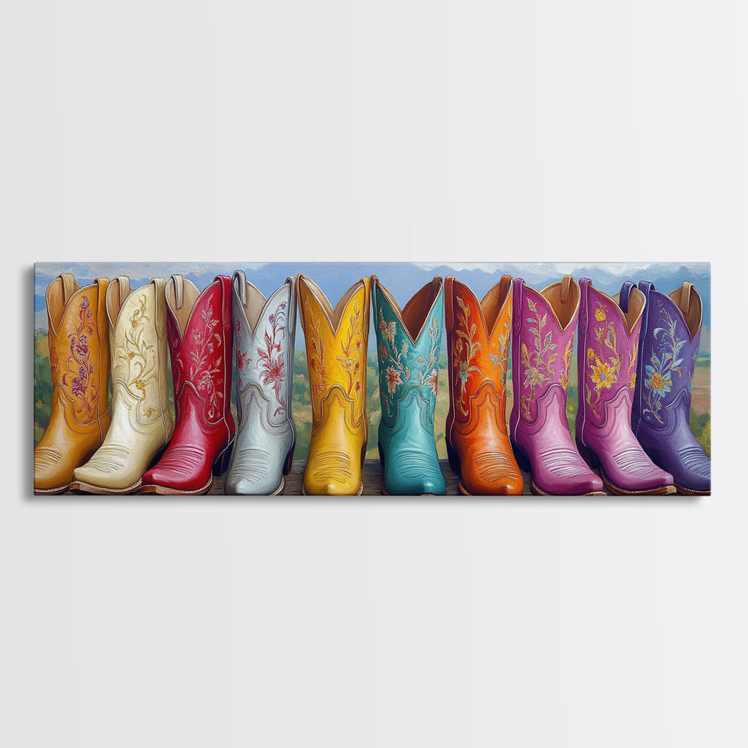 Mountain Row Cowboy Boots Wall Art, Western Cowgirl Decor, Southwestern Landscape Print, Rustic Ranch Housewarming Gift For Her