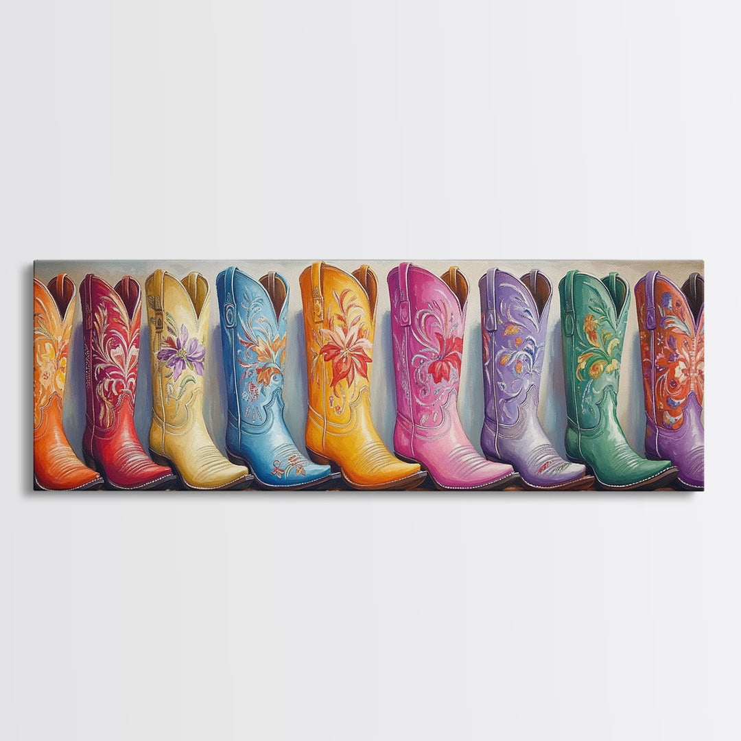 Pastel Floral Cowgirl Boots Framed Canvas Print, Western Wall Art, Boho Farmhouse Decor, Country Bedroom Wall Decor Gift