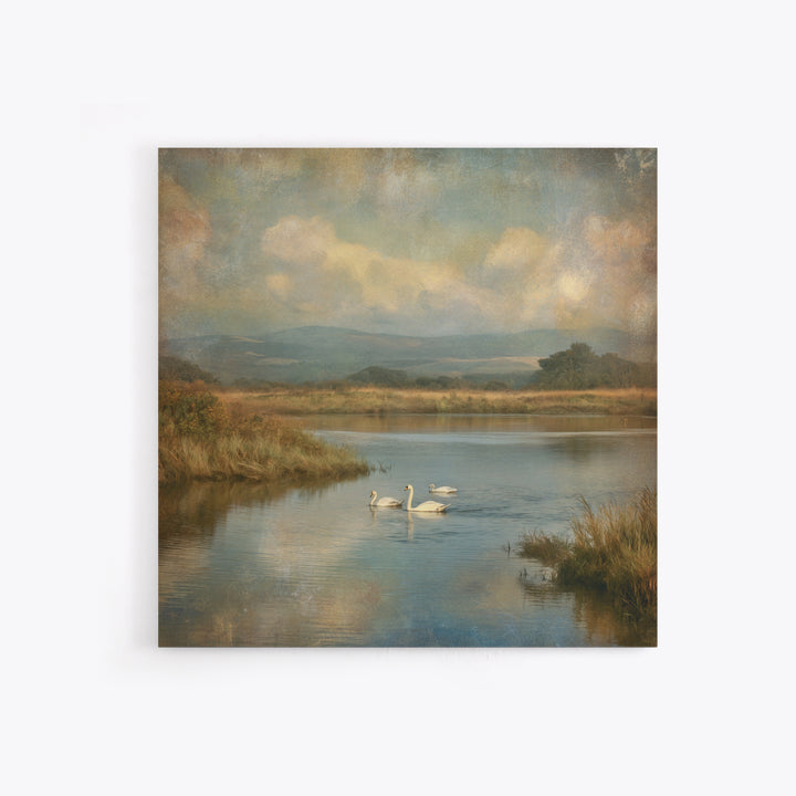 Paired Swans in a Dreamy Painterly Lake Canvas Print, Above Bed Art, Boho Wall Art, Bedroom Decor, Fine Art, Serenity, ABA-1x1-22
