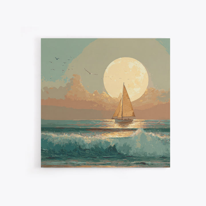 Quiet Moon over a Calm Ocean Horizon Framed Canvas Print, Above Bed Art, Living Room Decor, Bedroom Decor, Oil Painting, ABA-1x1-27
