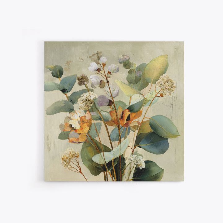 Soft Eucalyptus Branches Arranged Symmetrically Canvas Print, Above Bed Art, Living Room Wall Art, Bedroom Decor, Serenity, ABA-1x1-30