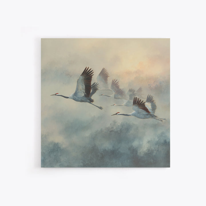 Ethereal Cranes Flying Through Pale Morning Mist Canvas Print, Above Bed Art, Fine Art Print, Bedroom Decor, Serenity, ABA-1x1-33