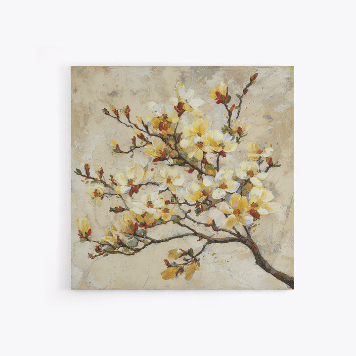 Delicate Magnolia Branch on Cream Background Framed Canvas Print, Above Bed Art, Bedroom Decor, Watercolor Art, Serenity, ABA-1x1-40