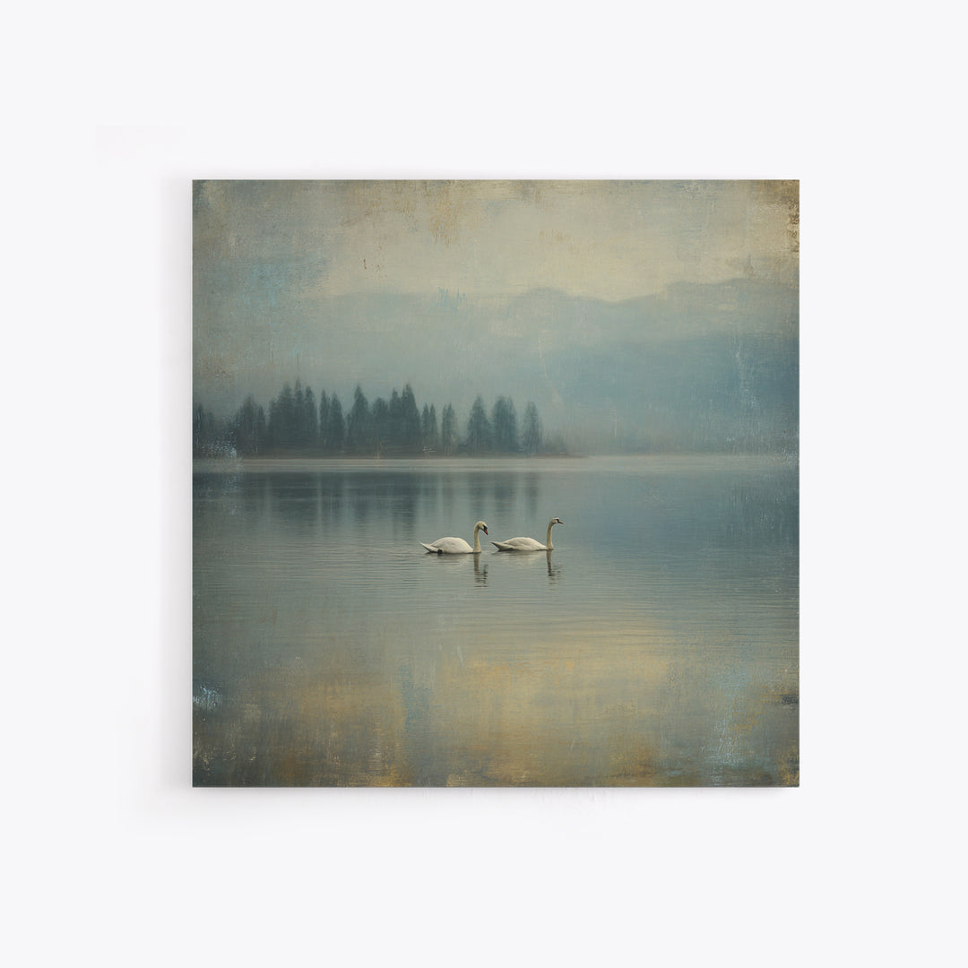 Paired Swans in a Dreamy Painterly Lake Framed Canvas Print, Above Bed Art, Boho Decor, Bedroom Decor, Oil Painting, Serenity, ABA-1x1-46