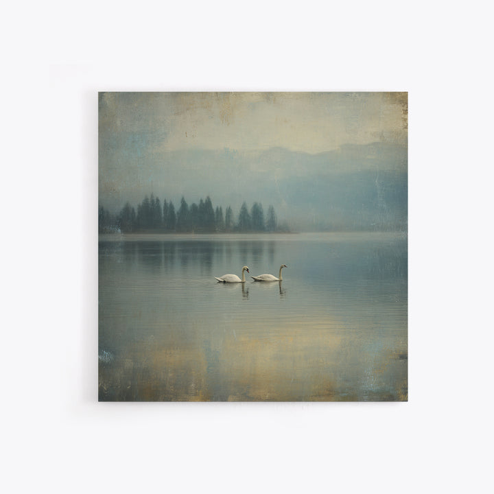 Paired Swans in a Dreamy Painterly Lake Framed Canvas Print, Above Bed Art, Boho Decor, Bedroom Decor, Oil Painting, Serenity, ABA-1x1-46