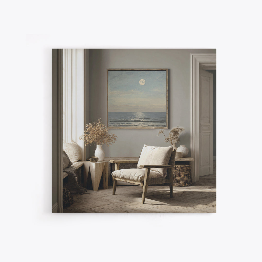 Quiet Moon over a Calm Ocean Horizon Framed Canvas Print, Above Bed Art, Bedroom Wall Art, Bedroom Decor, Fine Art, Serenity, ABA-1x1-51