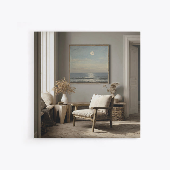 Quiet Moon over a Calm Ocean Horizon Framed Canvas Print, Above Bed Art, Bedroom Wall Art, Bedroom Decor, Fine Art, Serenity, ABA-1x1-51