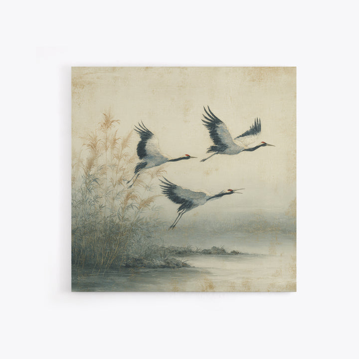 Ethereal Cranes Flying Through Pale Morning Mist Canvas Print, Above Bed Art, Fine Art Print, Bedroom Decor, Serenity, ABA-1x1-57