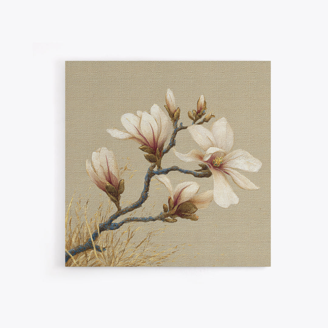 Delicate Magnolia Branch on Cream Background Framed Canvas Print, Above Bed Art, Boho Wall Art, Bedroom Decor, Watercolor Art, ABA-1x1-64