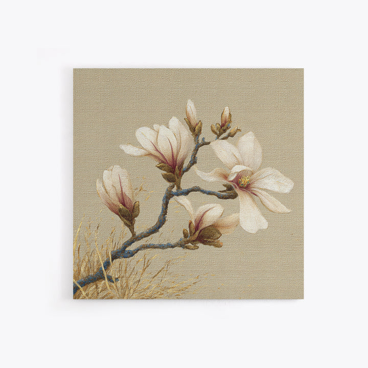 Delicate Magnolia Branch on Cream Background Framed Canvas Print, Above Bed Art, Boho Wall Art, Bedroom Decor, Watercolor Art, ABA-1x1-64