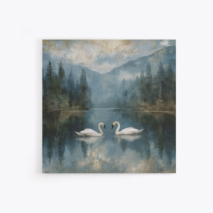 Paired Swans in a Dreamy Painterly Lake Framed Canvas Print, Above Bed Art, Boho Decor, Bedroom Decor, Oil Painting, Serenity, ABA-1x1-70