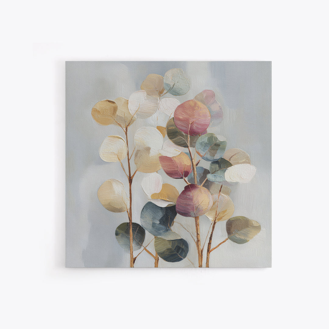 Soft Eucalyptus Branches Arranged Symmetrically Framed Canvas Print, Above Bed Art, Home Decor, Bedroom Decor, Serenity, ABA-1x1-78