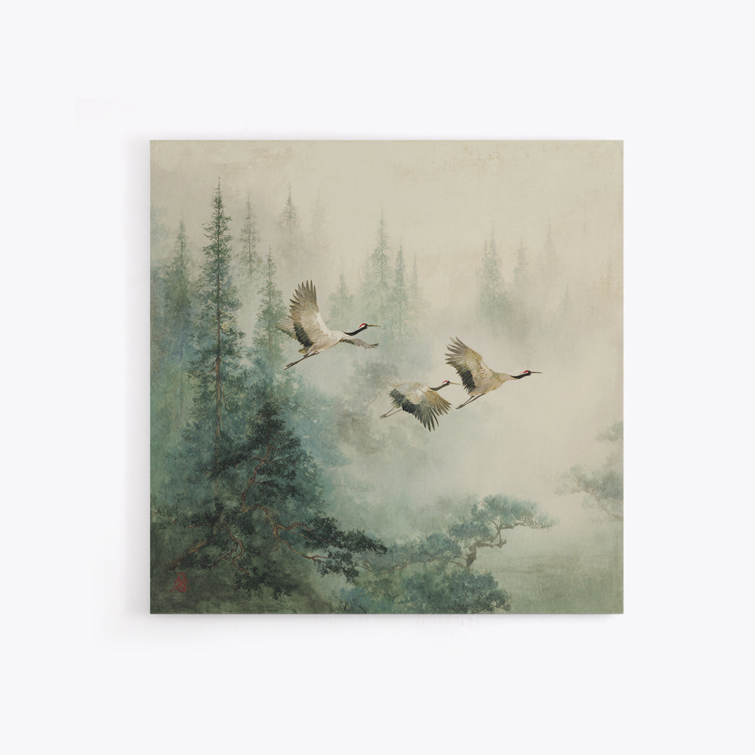 Ethereal Cranes Flying Through Pale Morning Mist Canvas Print, Above Bed Art, Textured Painting, Bedroom Decor, Serenity, ABA-1x1-81