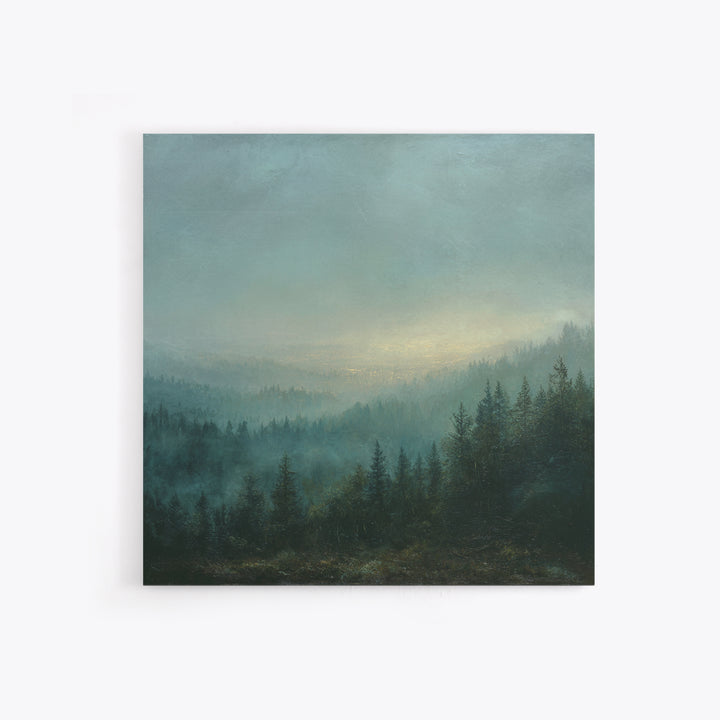 Quiet Forest Ridge Softened by Fog Canvas Print, Above Bed Art, Neutral Decor, Bedroom Decor, Oil Painting, Serenity, ABA-1x1-86