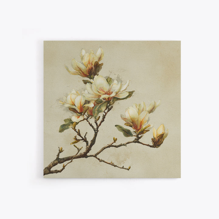 Delicate Magnolia Branch on Cream Background Canvas Print, Above Bed Art, Textured Painting, Bedroom Decor, Serenity, ABA-1x1-88