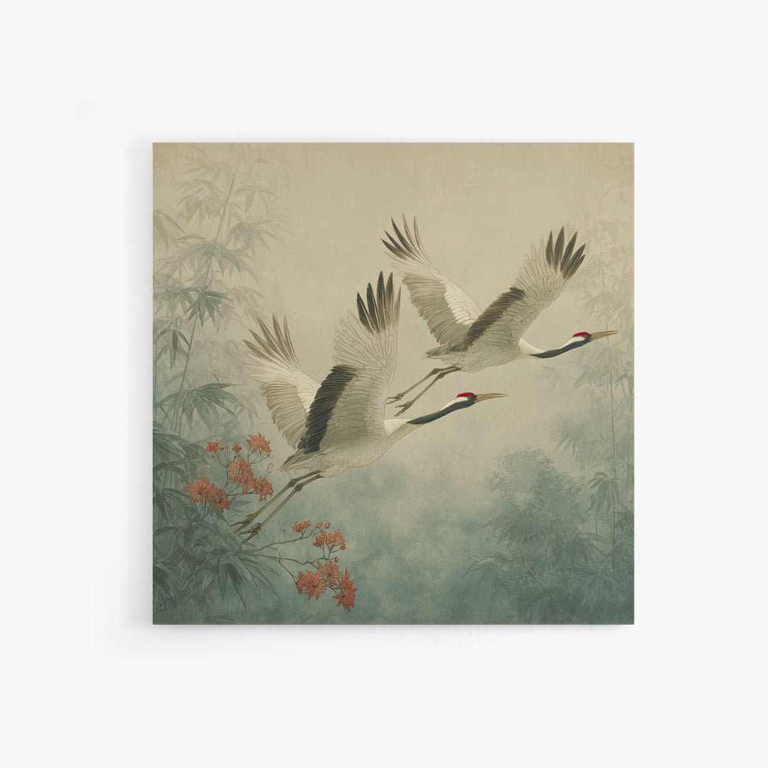 Ethereal Cranes Flying Through Pale Morning Mist Canvas Print, Above Bed Art, Bedroom Wall Decor, Bedroom Decor, Serenity, ABA-1x1-9
