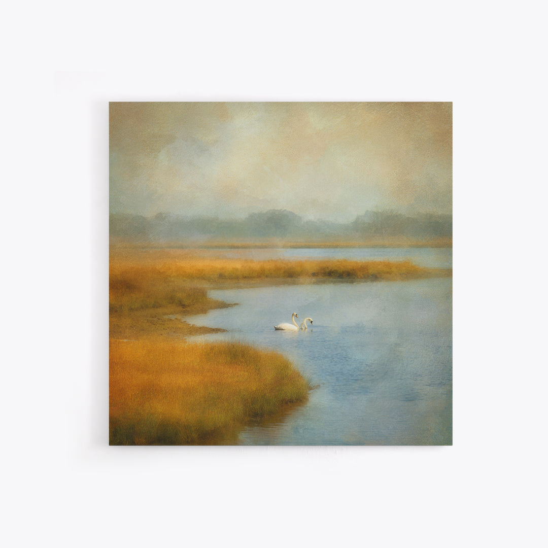 Paired Swans in a Dreamy Painterly Lake Canvas Print, Above Bed Art, Bedroom Wall Decor, Bedroom Decor, Fine Art, Serenity, ABA-1x1-94