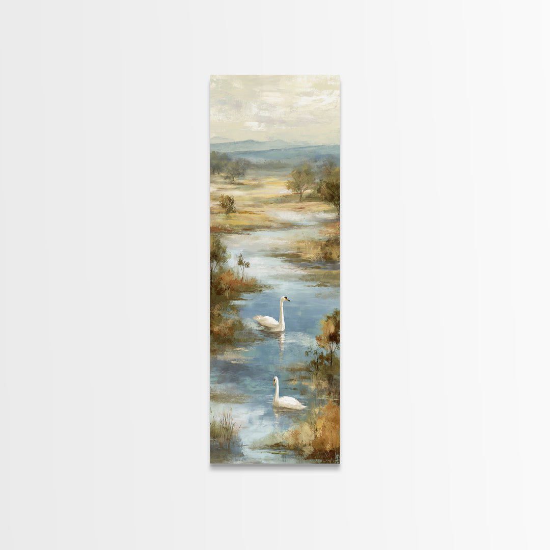 Paired Swans in a Dreamy Painterly Lake Canvas Print, Above Bed Art, Dopamine Decor, Bedroom Decor, Fine Art, Serenity, ABA-1x3-10