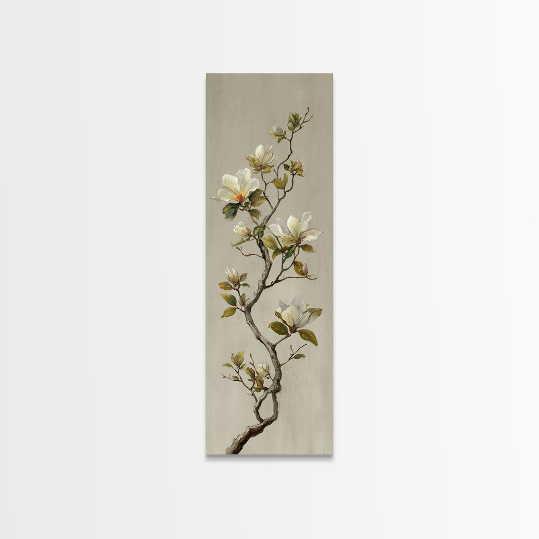 Delicate Magnolia Branch on Cream Background Canvas Print, Above Bed Art, Horizontal Wall Art, Bedroom Decor, Oil Painting, ABA-1x3-100