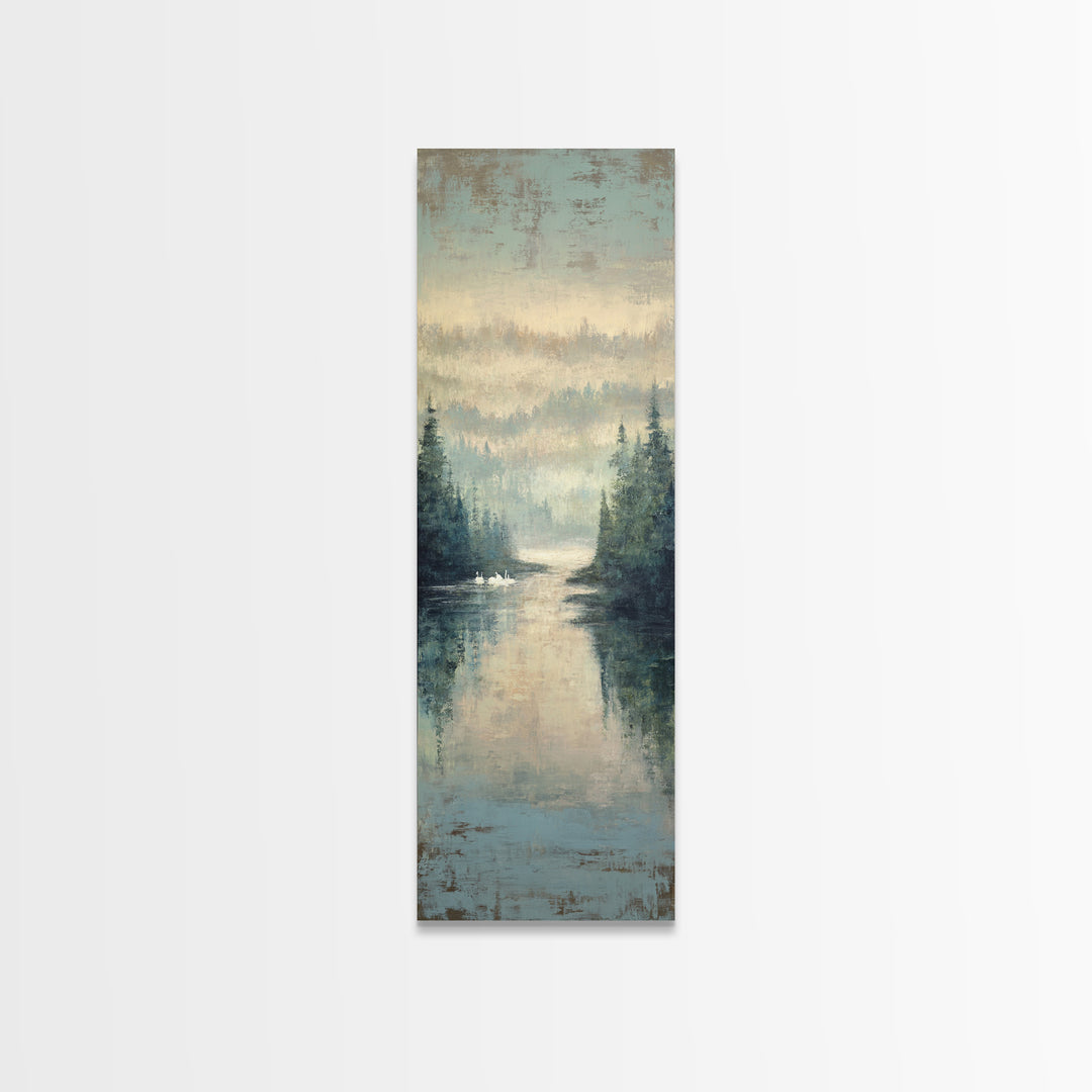 Paired Swans in a Dreamy Painterly Lake Canvas Print, Above Bed Art, Living Room Wall Art, Bedroom Decor, Serenity, Wall Decor, ABA-1x3-34
