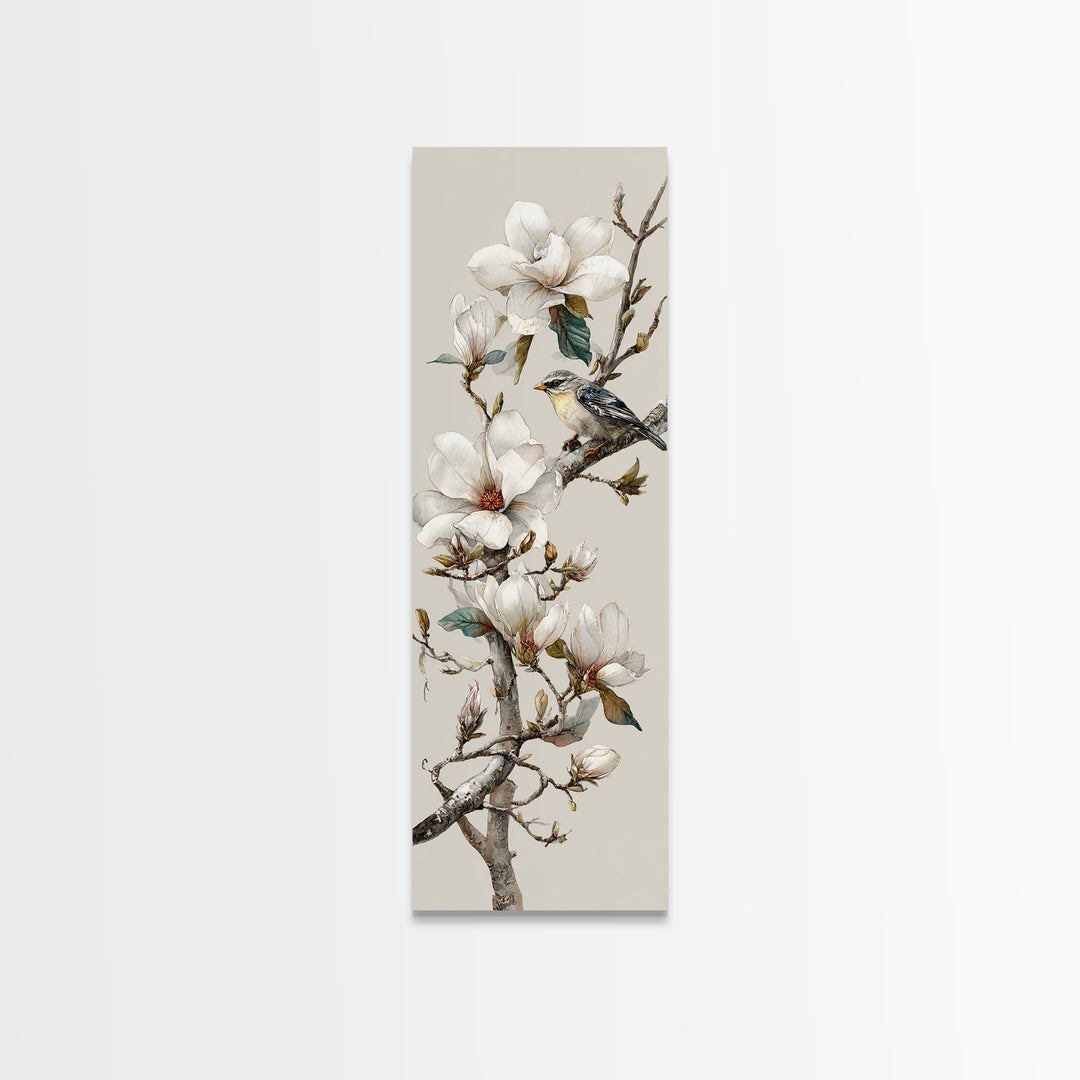 Delicate Magnolia Branch on Cream Background Framed Canvas Print, Above Bed Art, Modern Decor, Bedroom Decor, Oil Painting, ABA-1x3-4