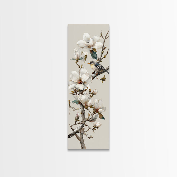 Delicate Magnolia Branch on Cream Background Framed Canvas Print, Above Bed Art, Modern Decor, Bedroom Decor, Oil Painting, ABA-1x3-4