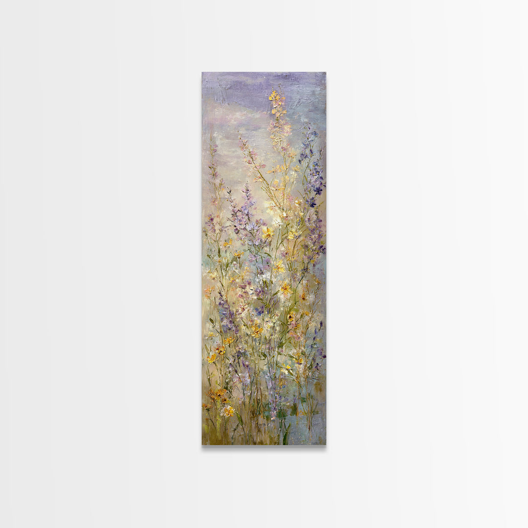 Wide Meadow of Muted Wildflowers at Dusk Framed Canvas Print, Above Bed Art, 3 Piece Wall Art, Bedroom Decor, Watercolor Art, ABA-1x3-46
