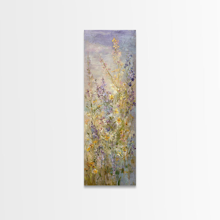 Wide Meadow of Muted Wildflowers at Dusk Framed Canvas Print, Above Bed Art, 3 Piece Wall Art, Bedroom Decor, Watercolor Art, ABA-1x3-46