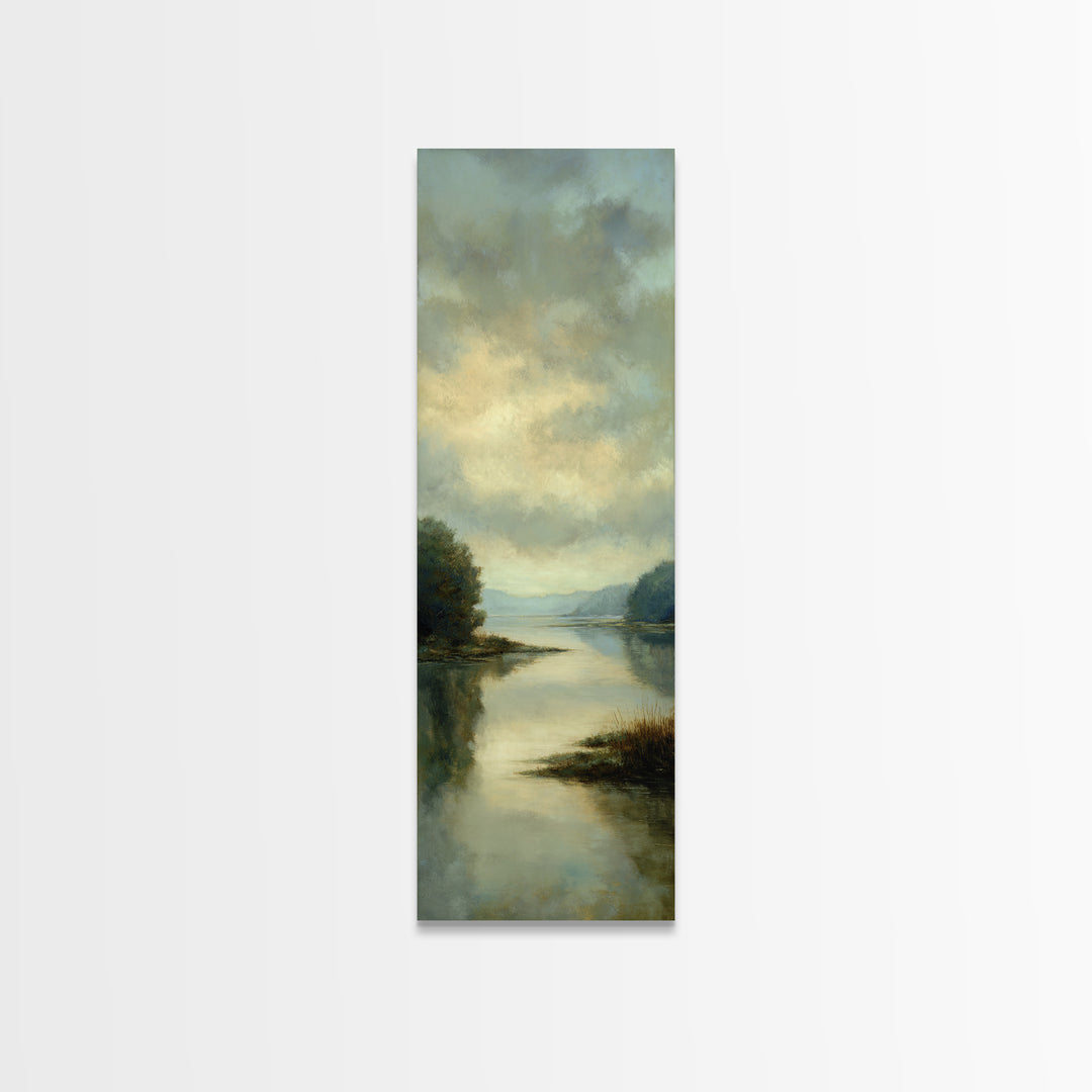 Calming Lake Reflection Framed Canvas Print, Above Bed Art, Original Art, Bedroom Decor, Serenity, Sage Green Wall Art, ABA-1x3-47