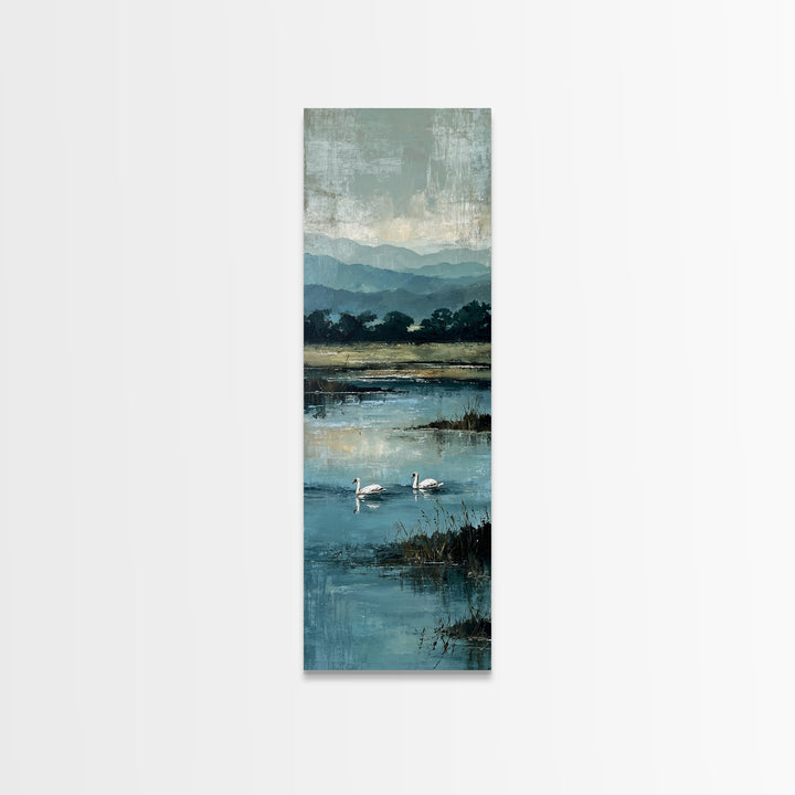 Paired Swans in a Dreamy Painterly Lake Canvas Print, Above Bed Art, Living Room Wall Art, Bedroom Decor, Serenity, Wall Decor, ABA-1x3-58