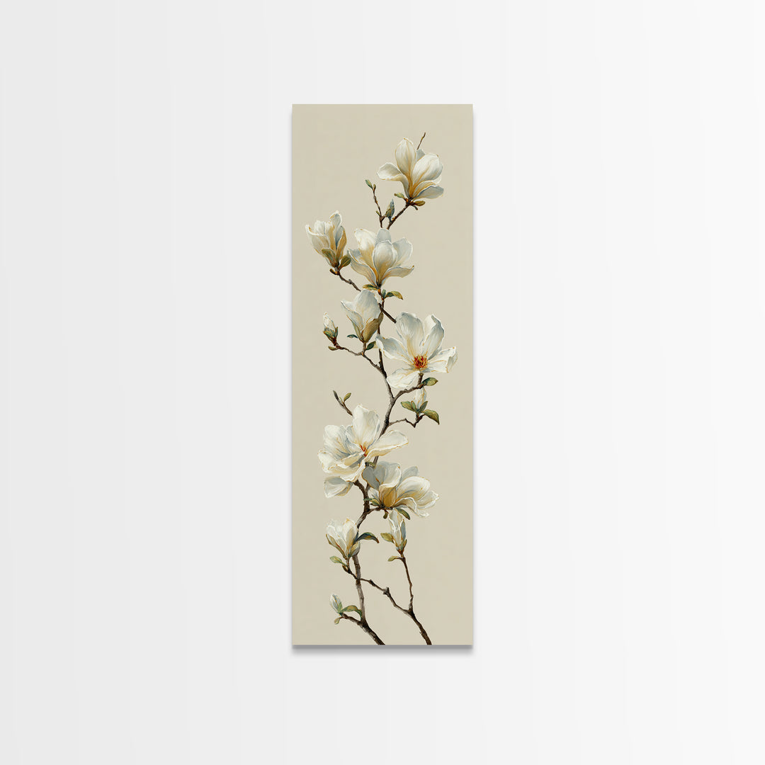 Delicate Magnolia Branch on Cream Background Framed Canvas Print, Above Bed Art, Digital Print, Bedroom Decor, Serenity, ABA-1x3-76